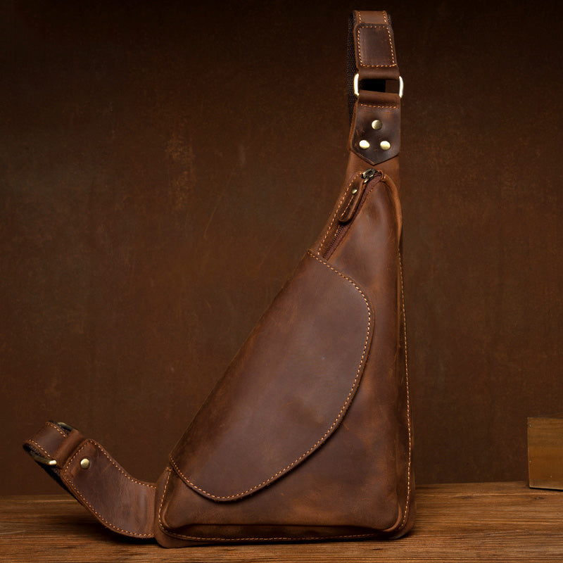 Vintage Brown Leather Mens Sling Bag Coffee Cool Crossbody Pack Chest Bag for men - iwalletsmen