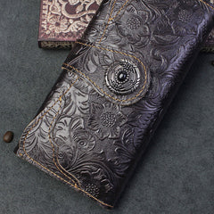 Handmade Leather Floral Mens Cool Travel Long Wallet Card Holder Card Slim Clutch Wallets for Men