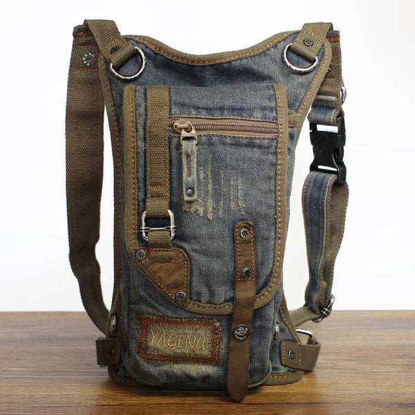 Blue Denim Canvas Mens Biker Waist Bag DropLeg Bag Belt Pouch Small Messenger Bag For Men - iwalletsmen