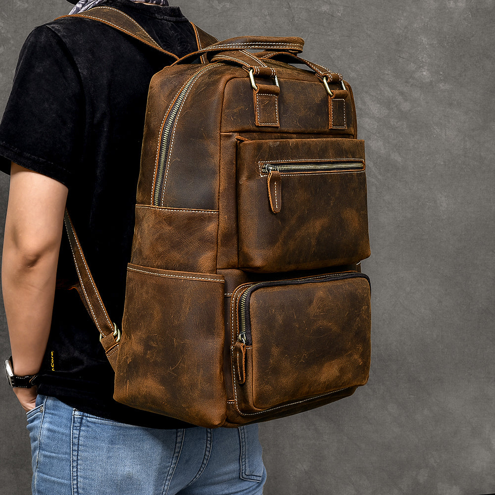 Vintage Brown Leather Mens 16" Laptop Backpack Hiking Backpack Travel Backpack College Bag for Men - iwalletsmen