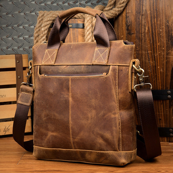 Brown Leather Mens 13 inches Briefcase Vertical Laptop Side Bags Business Bags Work Bags for Men - iwalletsmen