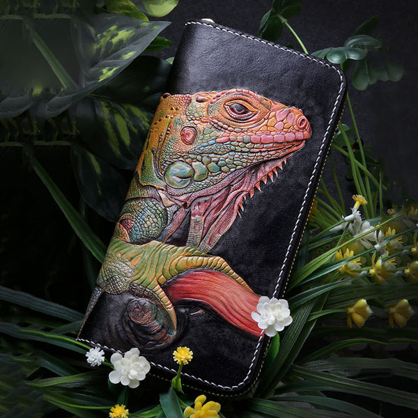 Handmade Leather Chameleon Mens Chain Zipper Biker Wallet Cool Leather Wallet Long Phone Wallets for Men