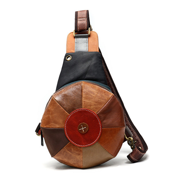 Stitched Brown Leather Men's Sling Bag Circle Shoulder Bag Chest Bag One Shoulder Backpack For Men - iwalletsmen