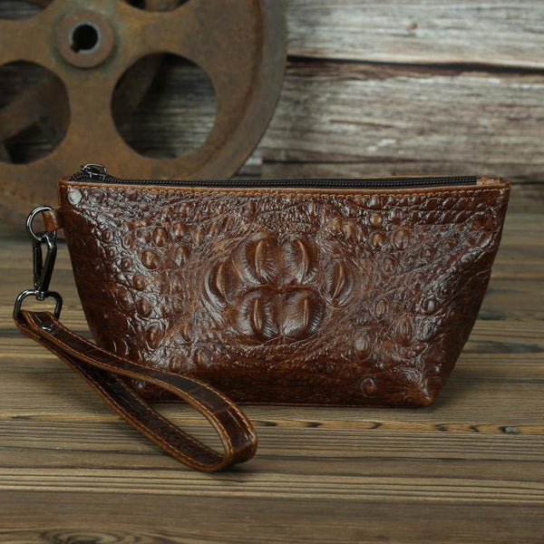 Brown Crocodile Pattern Mens Leather Zipper Clutch Wristlet Purse Bag Clutch Bags Phone Bag For Men - iwalletsmen
