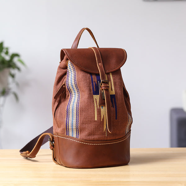 Brown Emroidered Canvas Leather Mens Women Large 14'' College Backpack Travel Backpack for Men - iwalletsmen