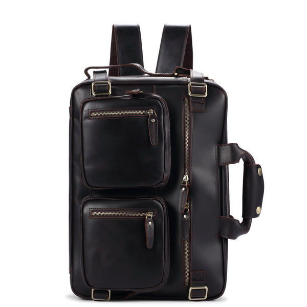 Black Coffee Leather Men's 15 inches Large Briefcase Computer Backpack Black Large Travel Backpack Black Large College Backpack For Men - iwalletsmen