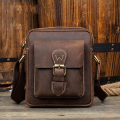 Casual Dark Brown Leather Mens Mini Vertical Messenger Bag Small Side Bags Postman Bag for Men - iwalletsmen