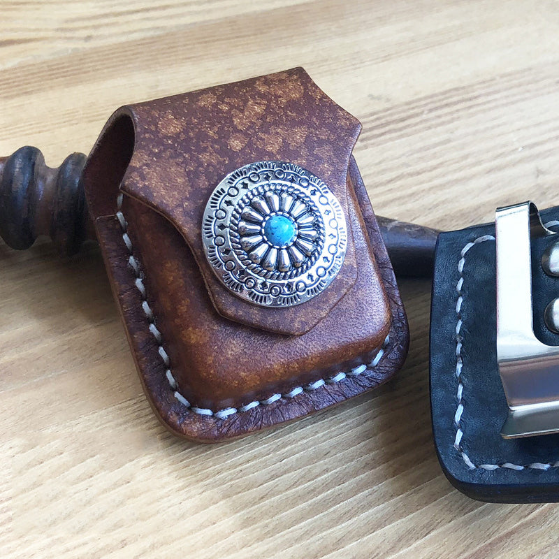 Handmade Mens Blue Leather Classic Zippo Lighter Cases Tan Zippo Lighter Holder with Belt Clip - iwalletsmen