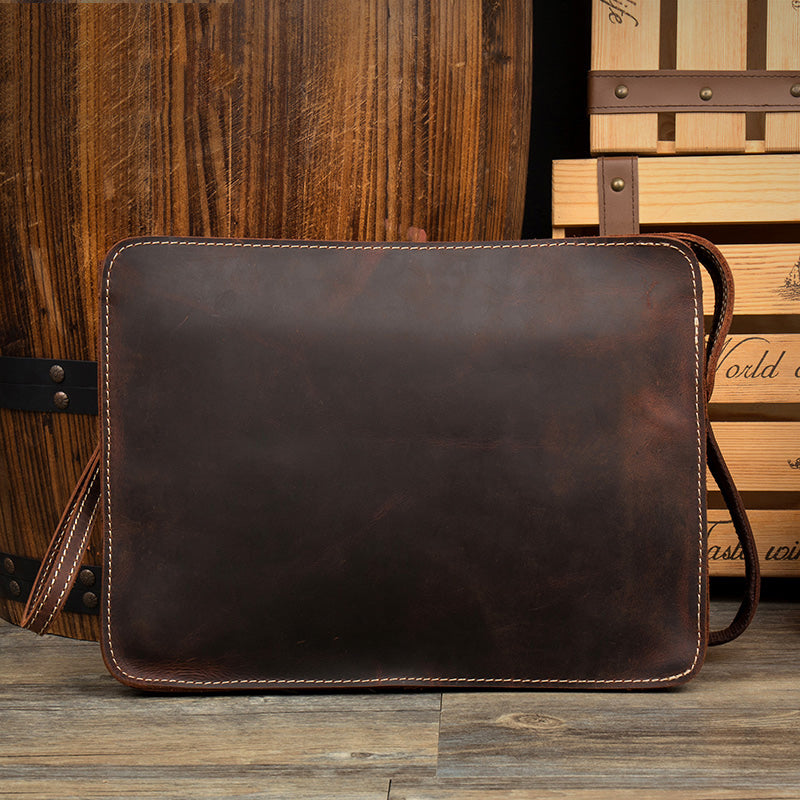 Cool Dark Brown Leather 11 inches Mens Courier Bag Casual Messenger Bags Clutch Postman Bags for Men - iwalletsmen