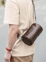 Black Leather Mens Small Casual Bucket Bag Barrel Messenger Bags Brown Postman Bag For Men - iwalletsmen