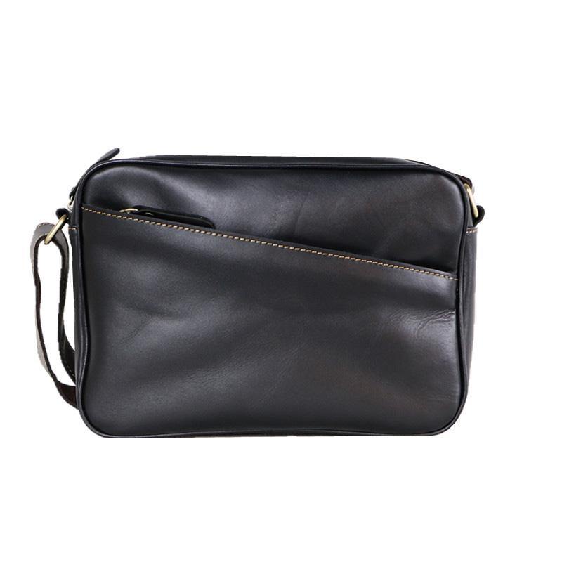 Black Leather Mens Casual Small Courier Bags Messenger Bag Amber Brown Postman Bags For Men - iwalletsmen
