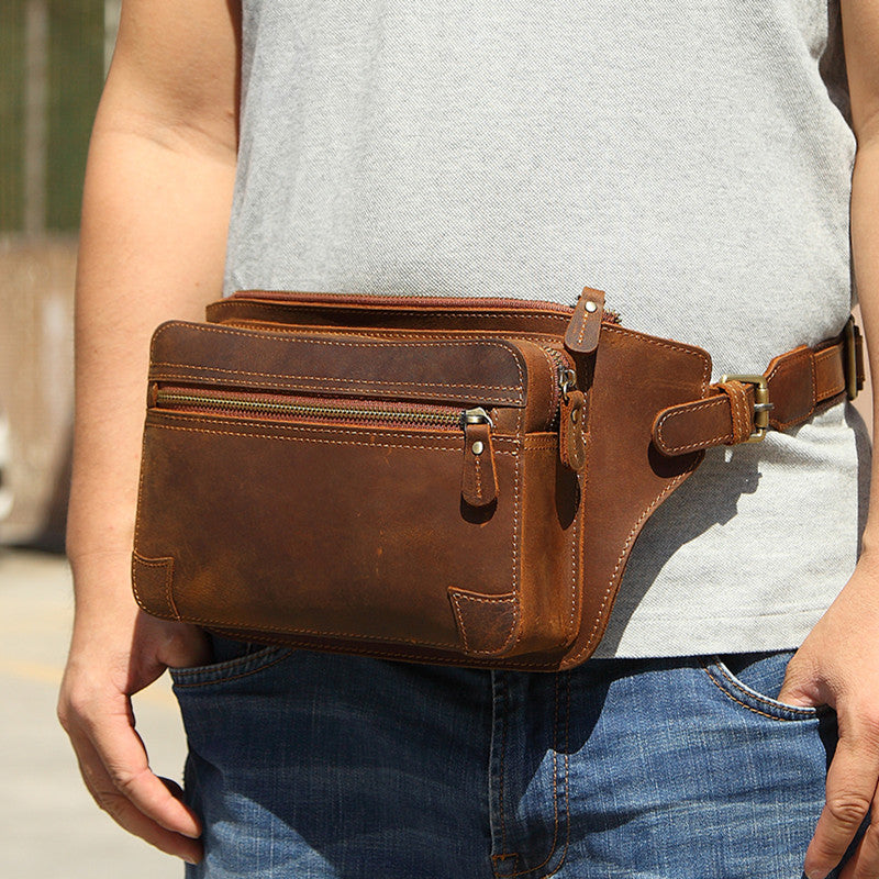 Vintage Brown Leather Men's Fanny Pack Coffee Chest Bag Waist Bag For Men - iwalletsmen