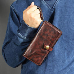 Leather Mens Cool Vintage Wallet Bifold Long Leather Biker Wallet Black Clutch Wristlet Wallet for Men - iwalletsmen