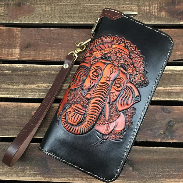 Black Handmade Tooled Ganasha Leather Long Biker Wallet Chain Wallet Clutch Wallet For Men - iwalletsmen