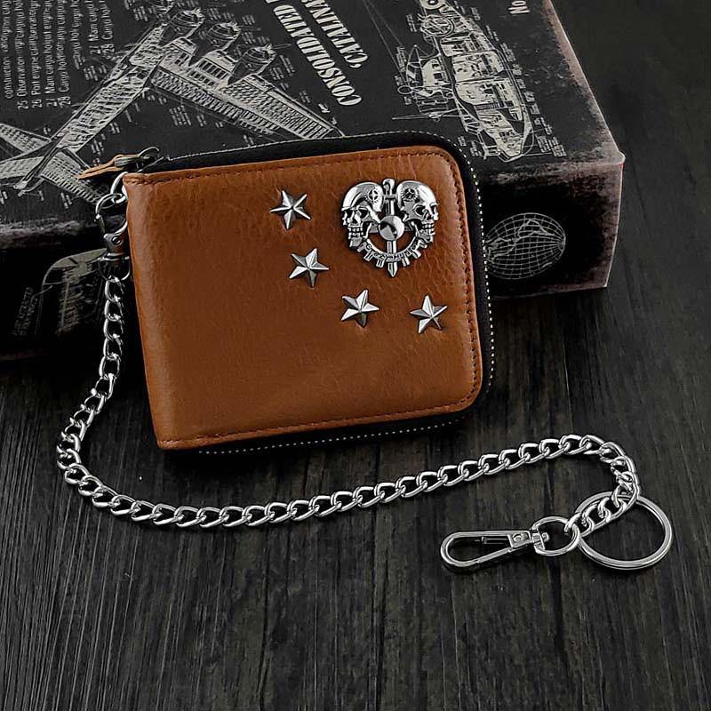 Badass Brown Leather Men's Bifold Small Biker Wallet Chain Wallet Wallet with chain For Men - iwalletsmen