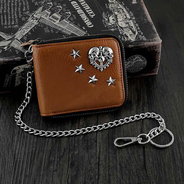 Badass Brown Leather Men's Bifold Small Biker Wallet Chain Wallet Wallet with chain For Men - iwalletsmen