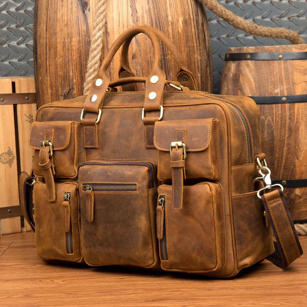 Black Cool Leather Mens Weekender Bag Shoulder Travel Briefcase Duffle Bag Light Brown luggage Bag for Men - iwalletsmen