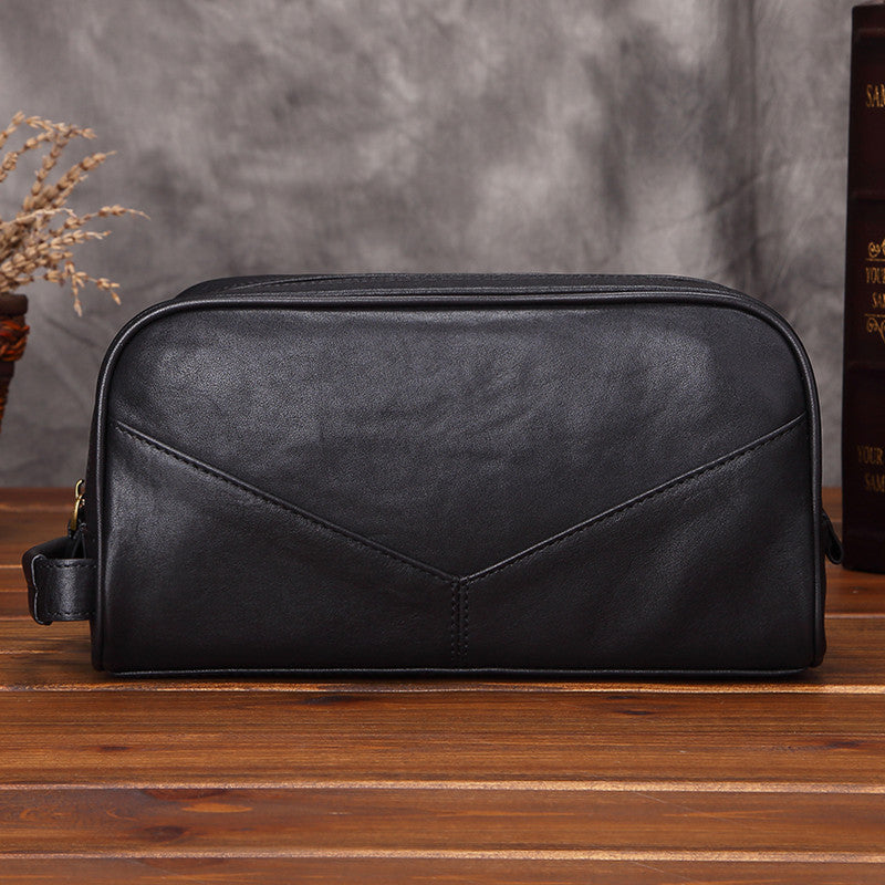 Casual Black Leather Men's Wristlet Bag Double Zipper Clutch Bag For Men - iwalletsmen