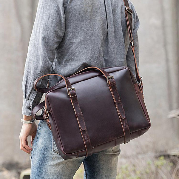 Dark Brown Cool Leather Mens Large 15 inches Briefcase Laptop Briefcase Messenger Bags Side Bags Work Bag for Men - iwalletsmen
