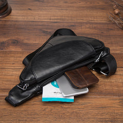 Cool Black Leather Mens Sling Bag Chest Bag One-Shoulder Backpack For Men - iwalletsmen