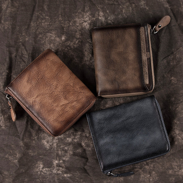 Brown Vintage Bifold Wallet Leather Mens billfold Small Wallet Zipper Small Wallet For Men - iwalletsmen