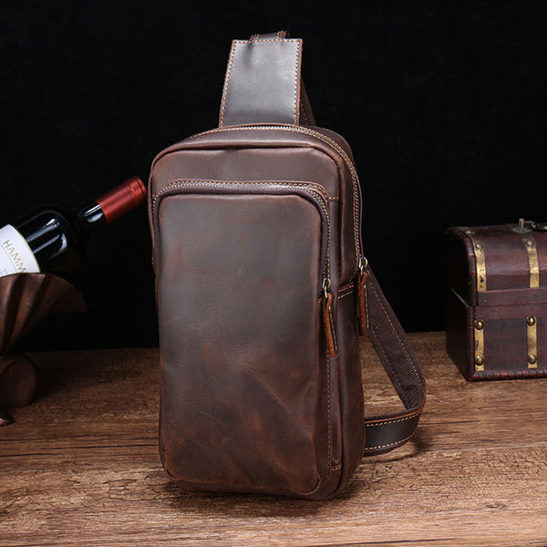 Vintage Brown Leather Men's Sling Bags Chest Bag One Shoulder Backpack For Men - iwalletsmen