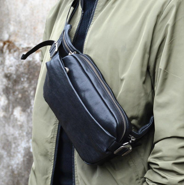 Cool Leather Black Fanny Pack Men's Black Chest Bag Hip Bag Fanny Bag Waist Bag For Men - iwalletsmen
