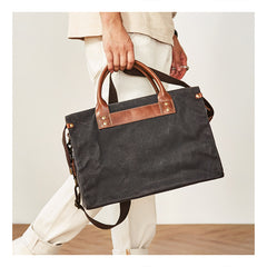 Mens Green Canvas Leather 14inch Black Briefcase Handbag Work Bag Business Side Bag for Men - iwalletsmen
