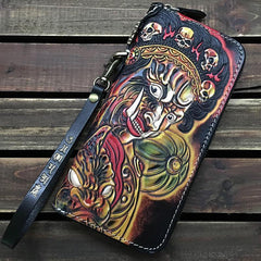 Black Handmade Tooled Tiger Leather Long Biker Wallet Chain Wallet Clutch Wallet For Men - iwalletsmen