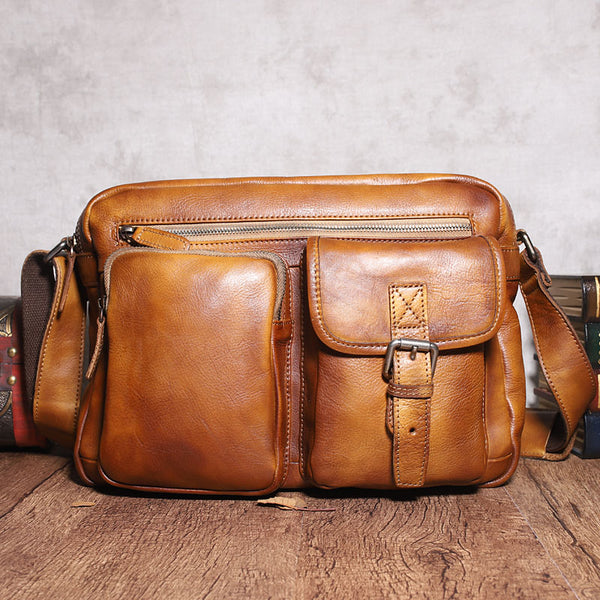 Brown Cool Leather Mens 14 inches Side Bag Gray Courier Bag Messenger Bag for Men - iwalletsmen