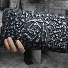 Handmade Leather Mens Tooled Skull Death Cool Zipper Phone Travel Long Wallet Card Holder Card Slim Clutch Wallets for Men