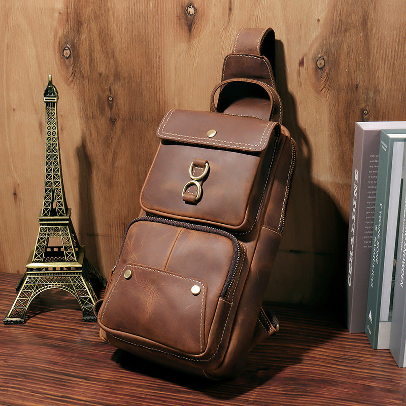 Brown Leather Men's Sling Bag Brown Sling Pack Chest Bags One Shoulder Backpack For Men - iwalletsmen