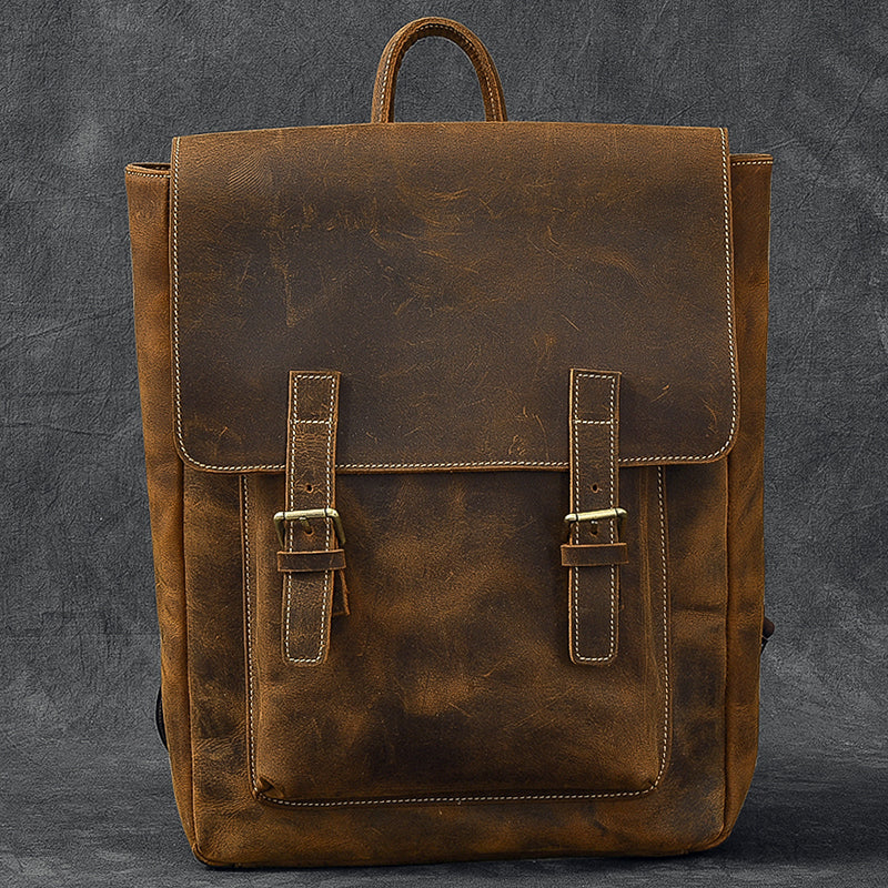 Brown Leather Mens 14" Laptop Backpack Hiking Backpack Travel Backpack College Bag for Men - iwalletsmen