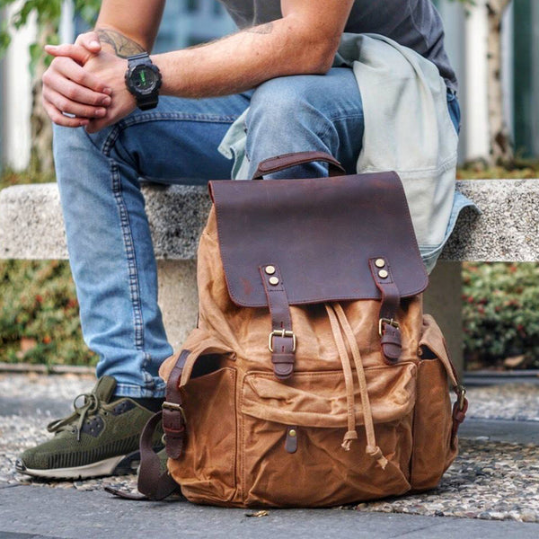 Cool Canvas Leather Mens 15'' Black Computer Backpack Green Hiking Backpack Travel Backpack for Men - iwalletsmen