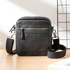 Black Mini Leather Mens Phone Bag Black Small Postman Bag Messenger Bags Side Bag for Men - iwalletsmen