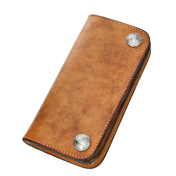Handmade Vintage Mens Brown Leather Long Wallet Bifold Brown Cool Long Wallets for Men - iwalletsmen