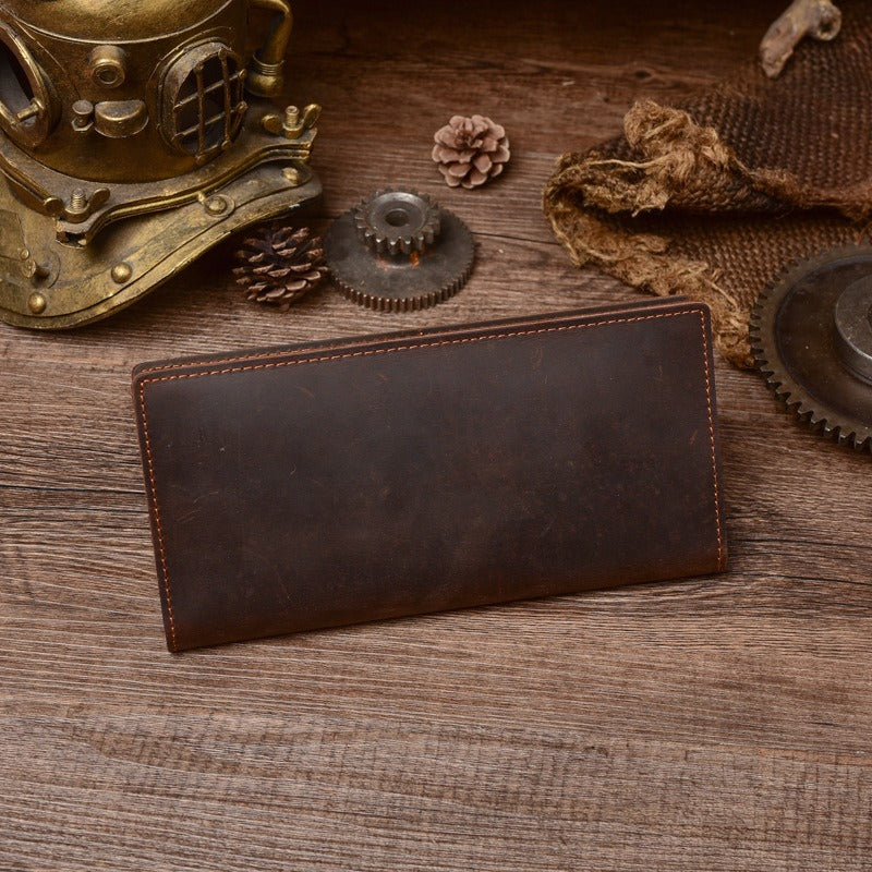 Brown Leather Men's Long Wallet Bifold Brown Slim Front Pocket Wallet –  iwalletsmen