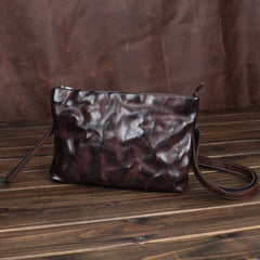 Black Leather Mens Wristlet Bag Clutch Wrinkled Slim Messenger Bag Side Bag for Men