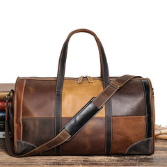 Leather Mens Travel Bag Color Blocks Weekender Bag Barrel Duffle Bag Overnight Bag for Men