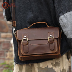 Coffee Small Leather Satchel Side Bag 8 inches Messenger Bag Crossbody Purse for Men