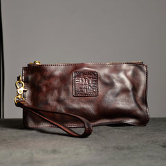 Coffee Leather Mens Zipper Clutch Wallet Wrinkled Wristlet Wallet Wallet Clutch for Men