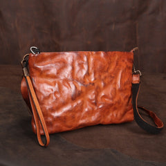 Tan Leather Mens Wristlet Bag Clutch Wrinkled Slim Messenger Bag Side Bag for Men