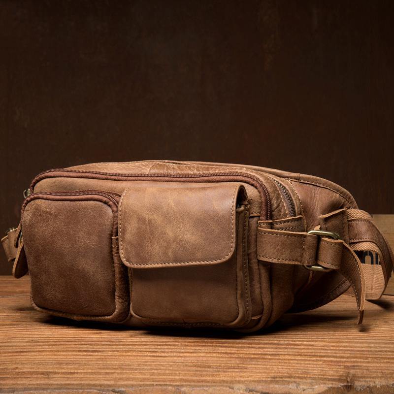 Cool Khaki Mens Leather Fanny Pack Mens Waist Bag Hip Pack Belt Bags Bumbag for Men - iwalletsmen