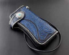 Tooled Handmade Blue Leather Men's Chain Wallet Motorcycle Wallet Long Wallet with Chain For Men - iwalletsmen