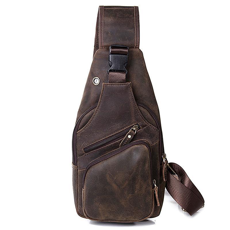 Brown Cool LEATHER MENS 8'' Sling Bag Coffee Chest Bag Brown One Shoulder Bag For Men - iwalletsmen