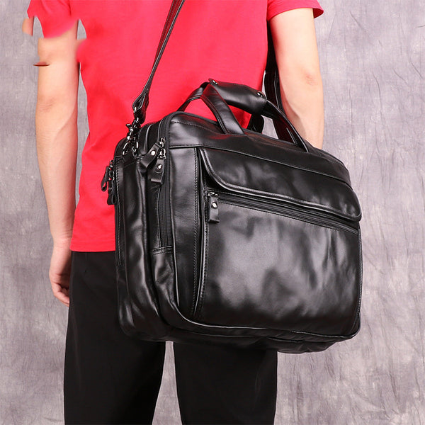 Black Leather Mens 15 inches Large Laptop Work Bag Handbag Briefcase Shoulder Bags Business Bags For Men - iwalletsmen