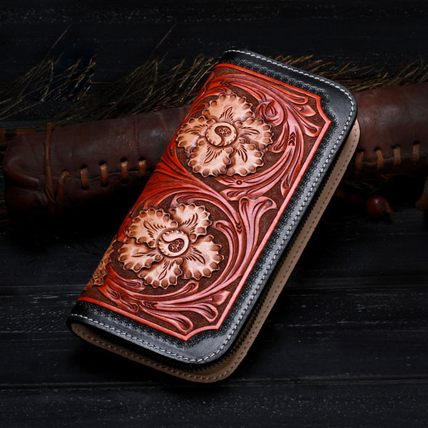 Handmade Leather Mens Clutch Wallet Cool Floral Tooled Wallet Long Zipper Wallets for Men