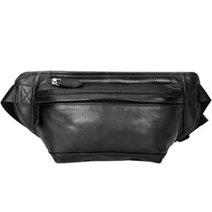 Black Leather Mens Waist Bag Fanny Pack Sling Bag Chest Bag Black One Shoulder Backpack for Men - iwalletsmen