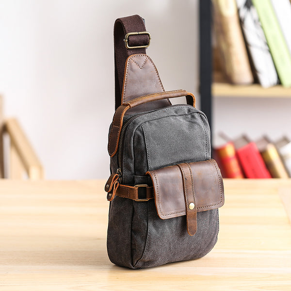 Canvas Leather Mens Khaki Chest Bag One Shoulder Backpack Green Sling Bag for Men - iwalletsmen