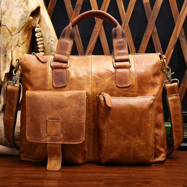 Vintage Brown Leather Men 15.6 inches Briefcase Handbag Brown Laptop Handbag Business Bag For Men - iwalletsmen